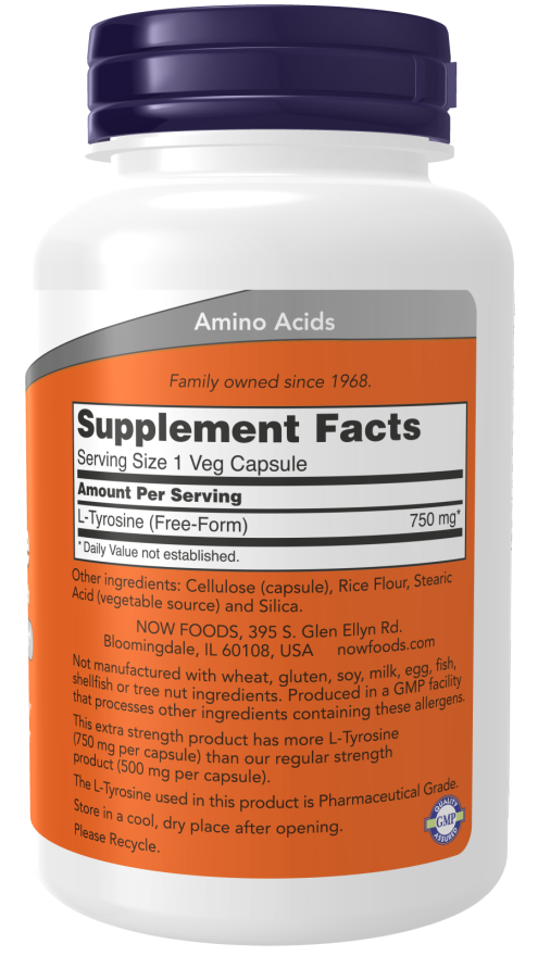 Now Foods L-Tyrosine 750 mg, Extra Strength Veg Capsules