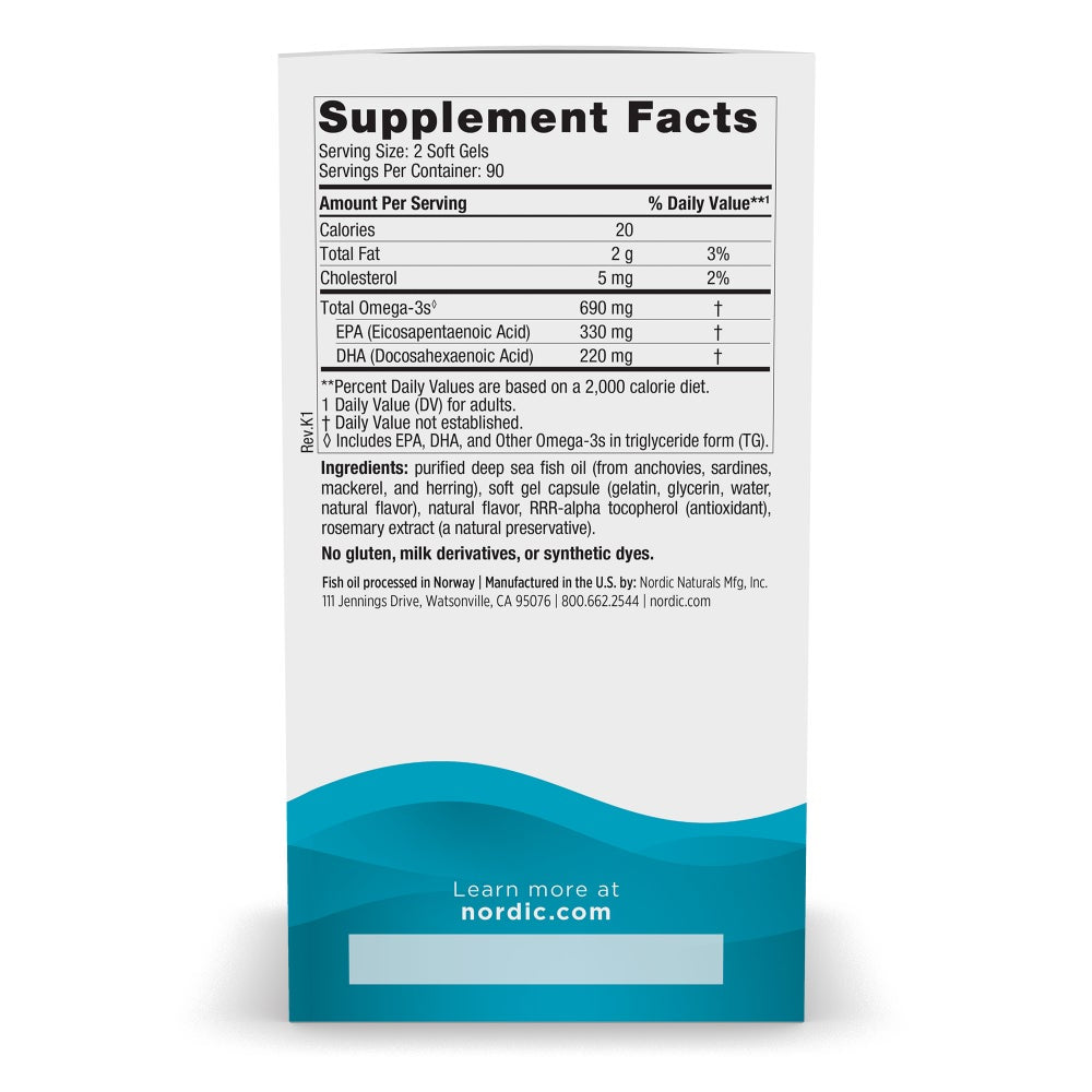 Supplement facts label for Nordic Naturals Omega-3 softgels with EPA and DHA.