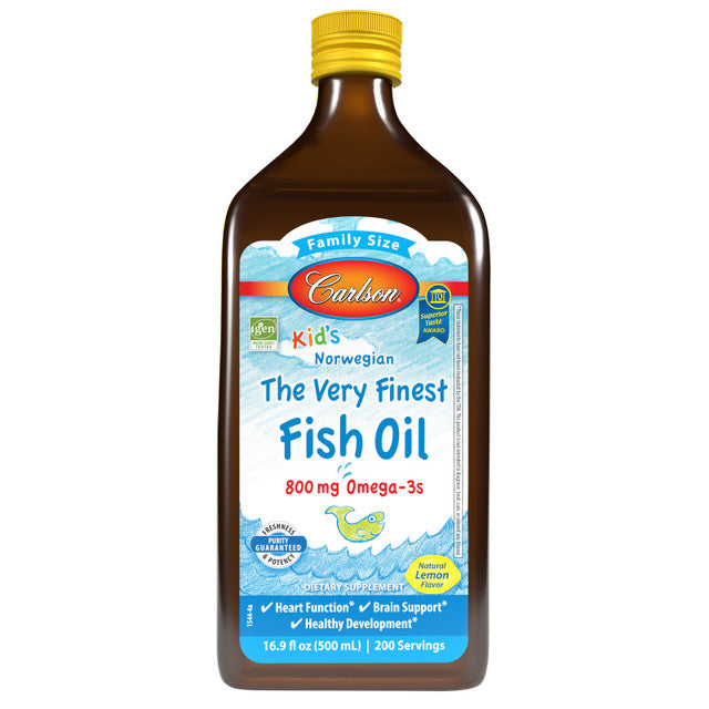 Front image: Carlson Kids fish oil liquid omega 3 800 mg lemon flavour 500 ml bottle