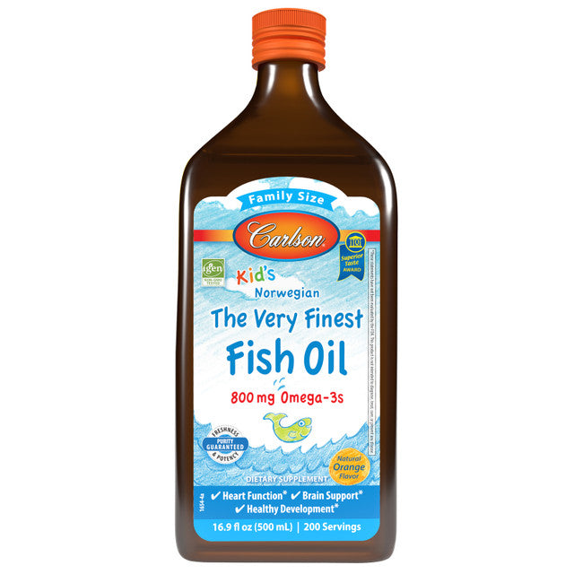 Front image: Carlson Kids fish oil liquid omega 3 800 mg orange flavour 500 ml bottle
