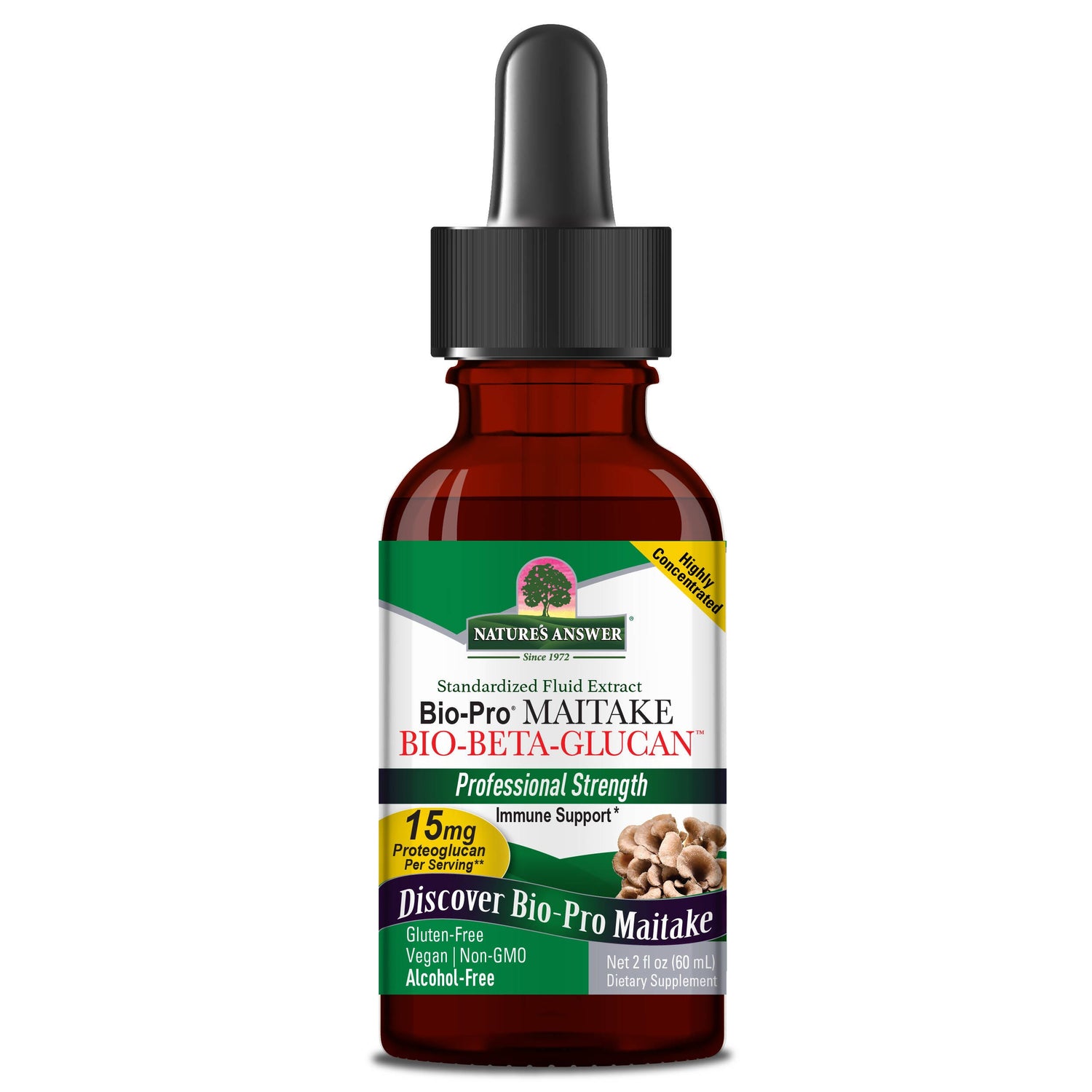 Nature’s Answer Bio-Pro Maitake mushroom liquid extract alcohol-free 60ml bottle front label