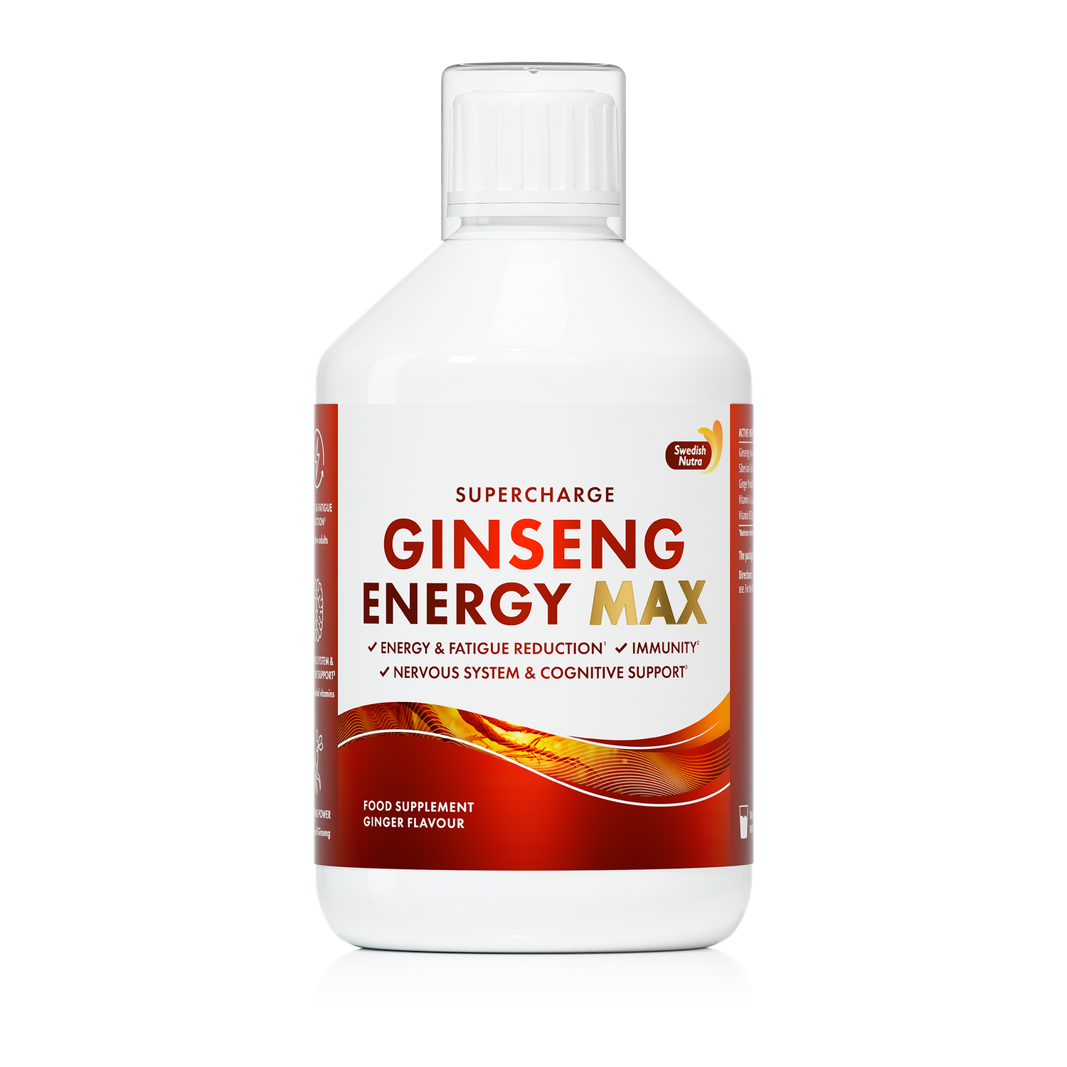 Front image: Swedish Nutra Ginseng Energy liquid ginger flavour 500ml bottle
