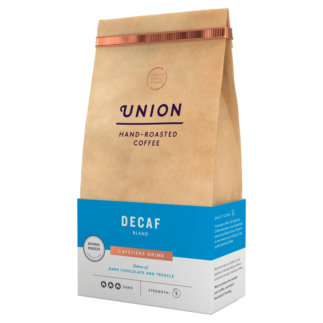 Coffee details, tasting notes, and brewing guide on bag.