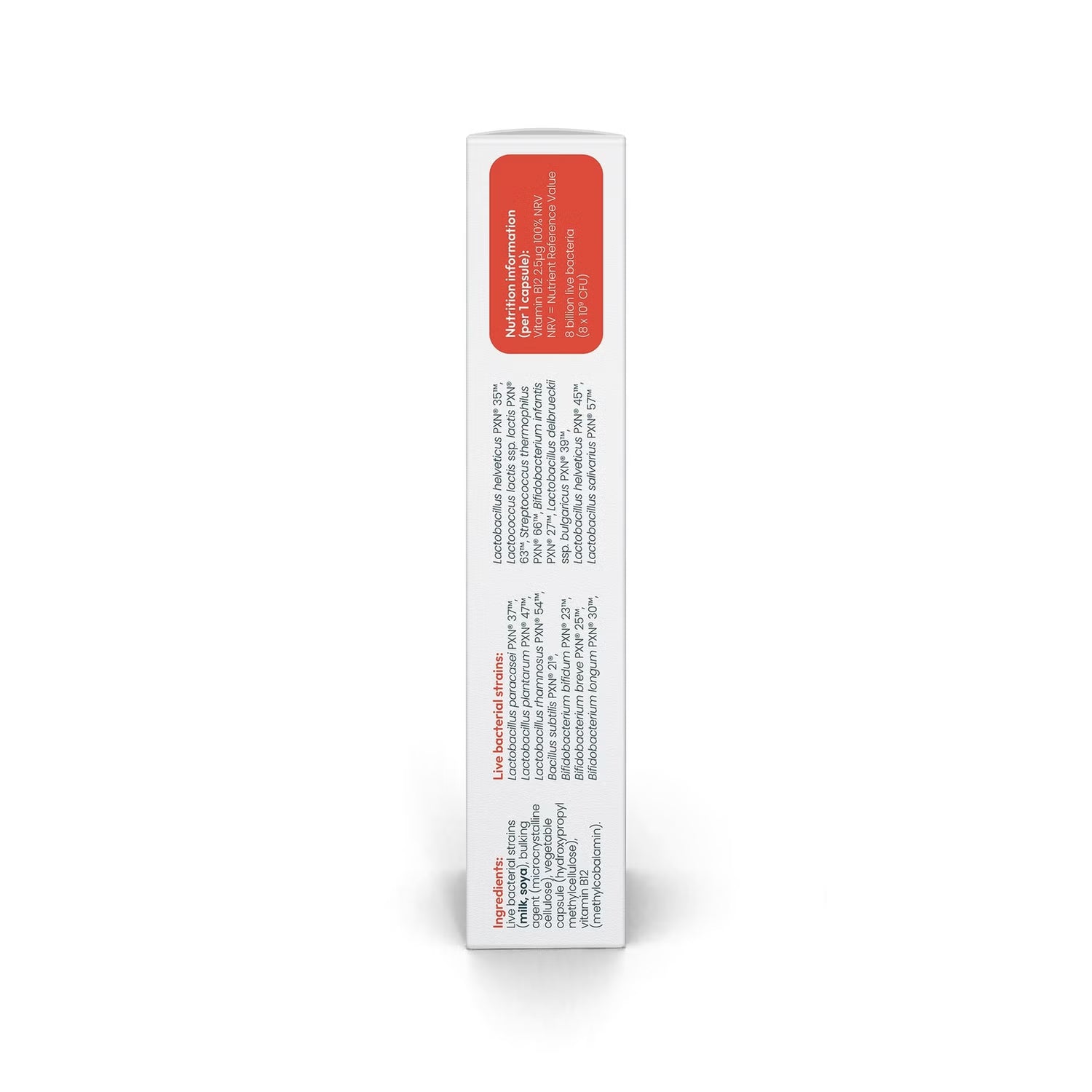 Bio-Kult Boosted supplement facts and ingredients label on white background side view.