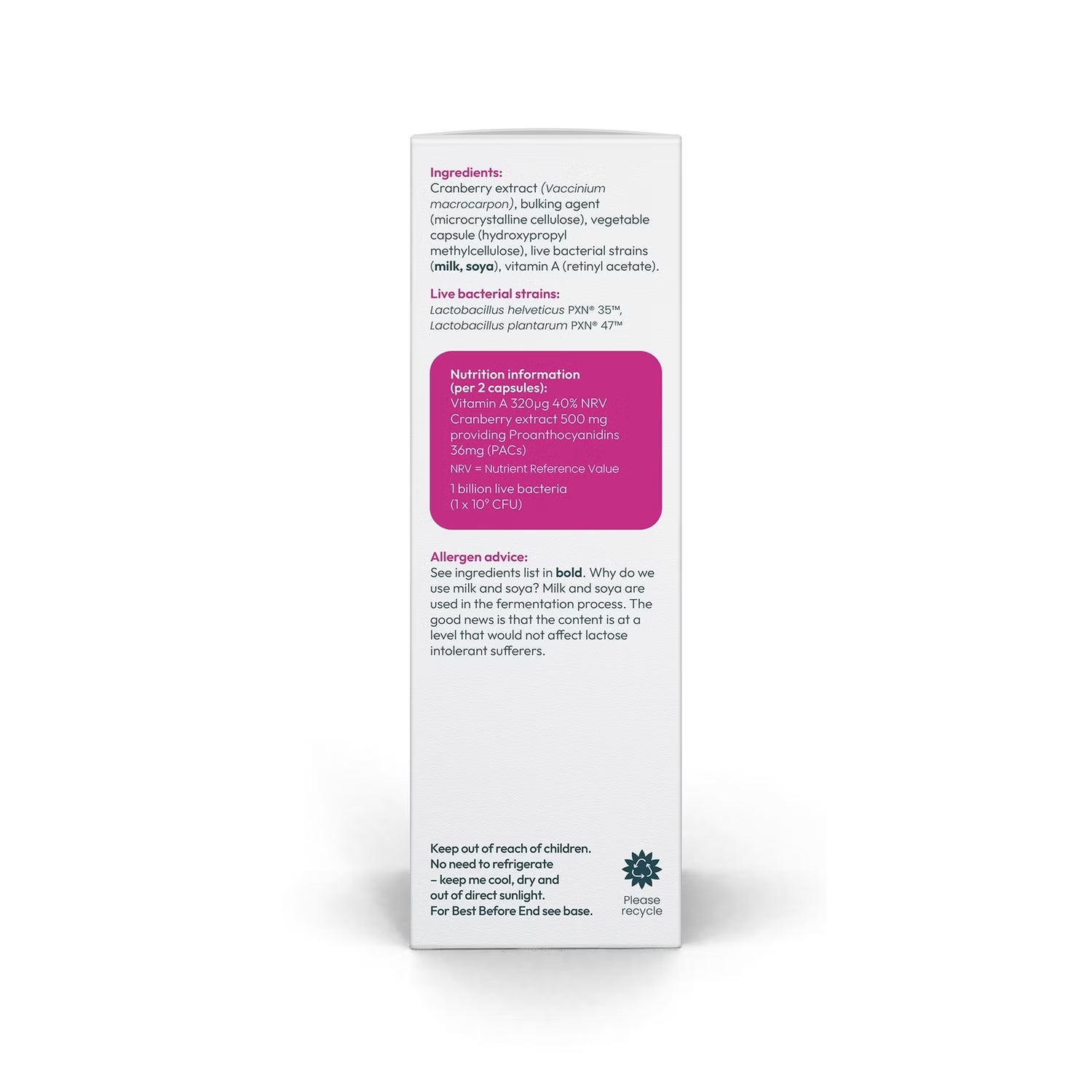 Bio-Kult Pro-Cyan supplement facts and ingredients label on white background side view.