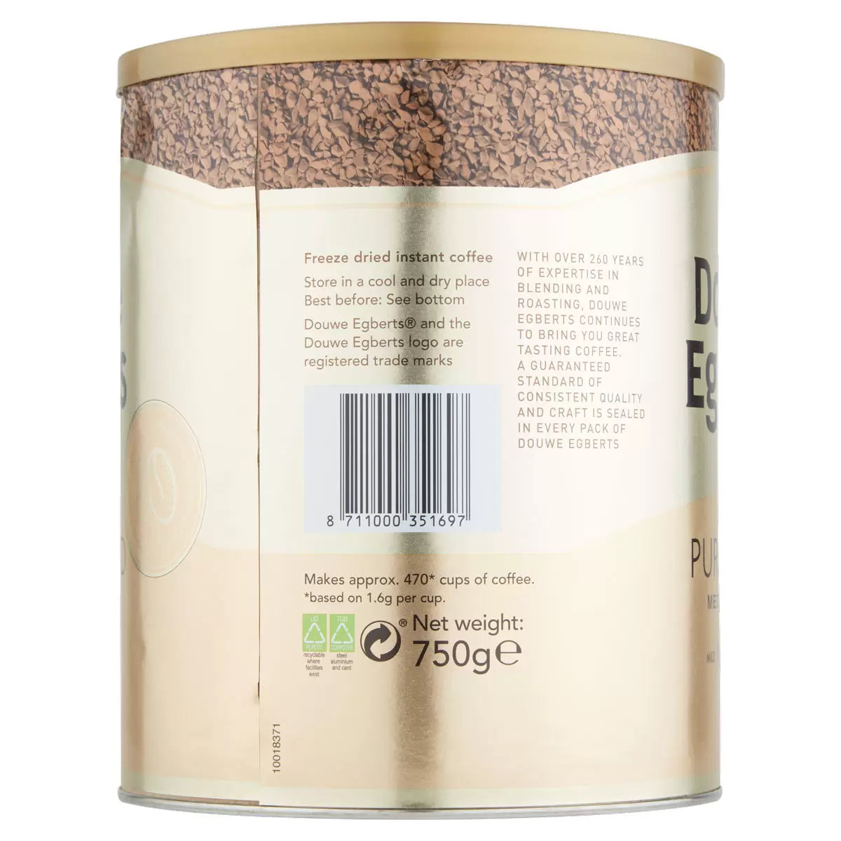 Barcode Image: Douwe Egberts Pure Gold instant coffee granules tin 750g barcode packaging