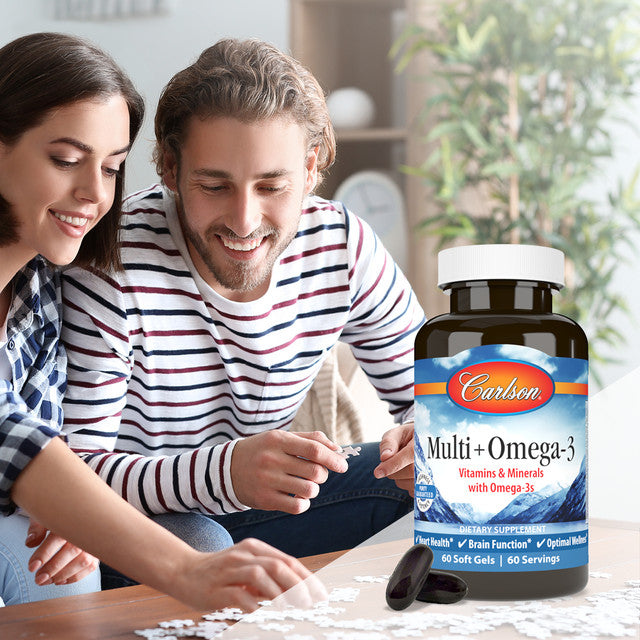 Lifestyle/use image: Carlson Multi Omega 3 daily routine supplement softgels bottle 120 count
