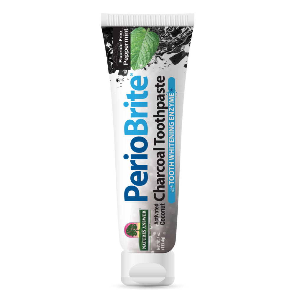Nature’s Answer PerioBrite activated charcoal toothpaste peppermint 113.4g tube front viewon a white background