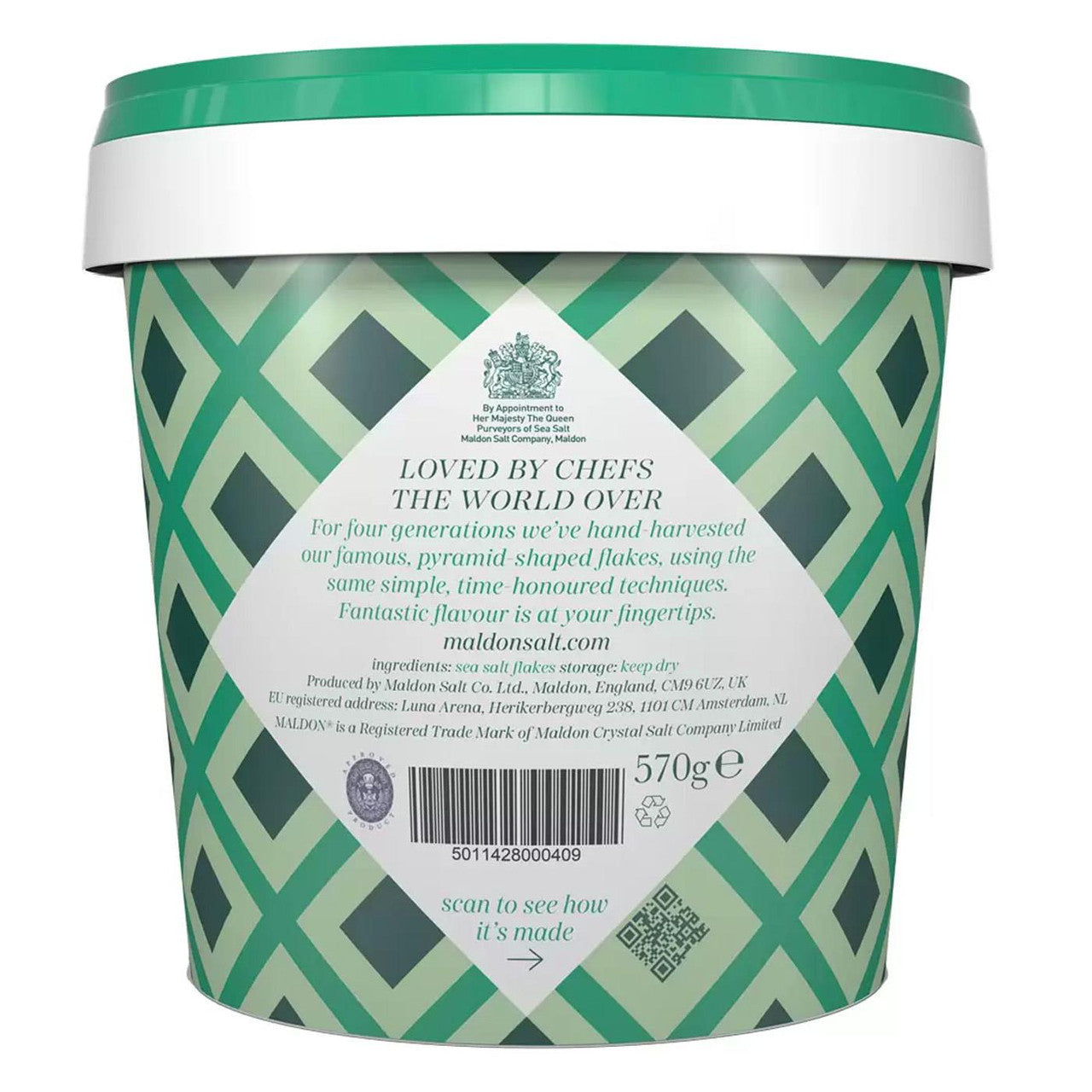 Maldon Sea Salt Flakes ingredient & barcode label natural sea salt 570g