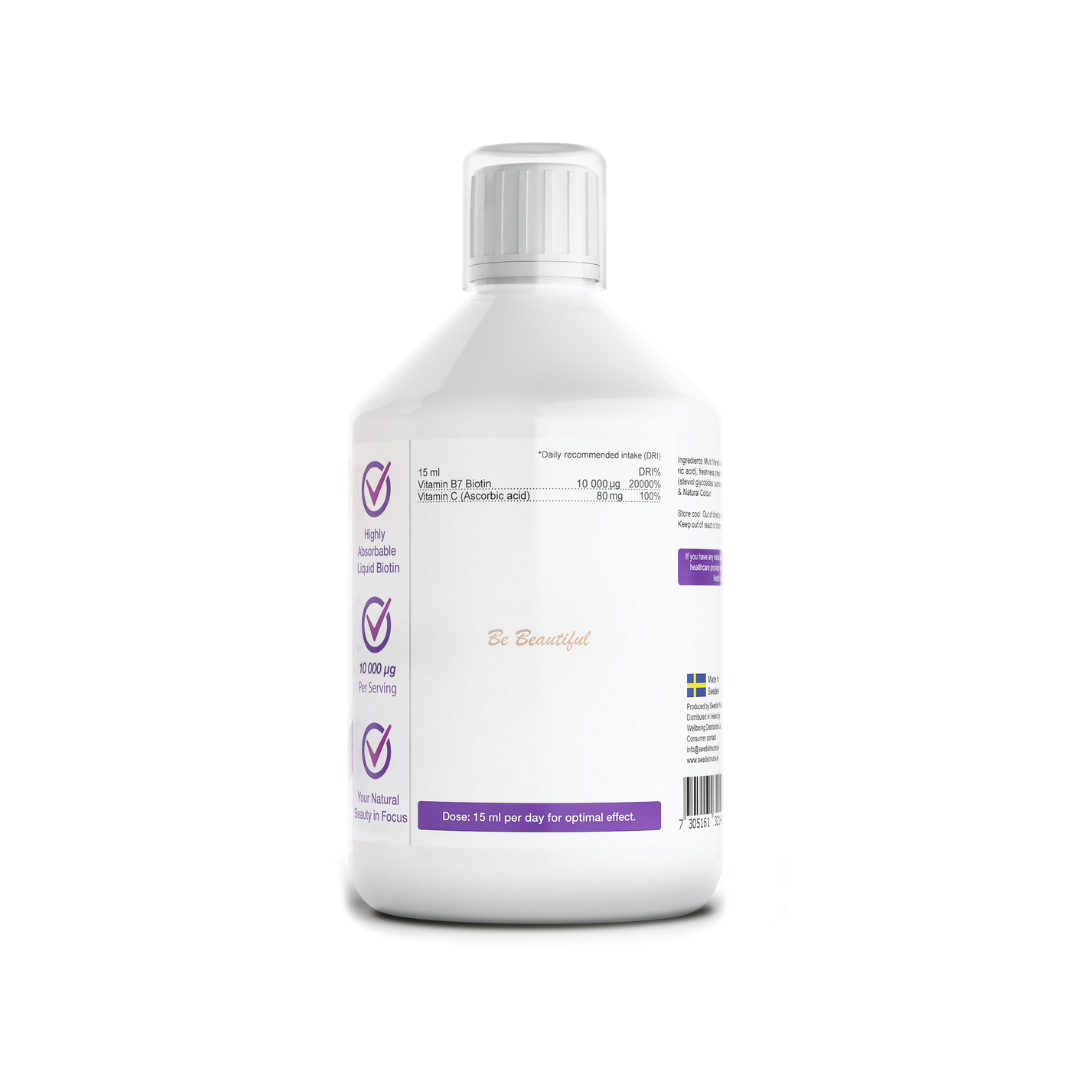 Supplement facts & ingredients image: Swedish Nutra biotin supplement facts ingredients 500ml bottle