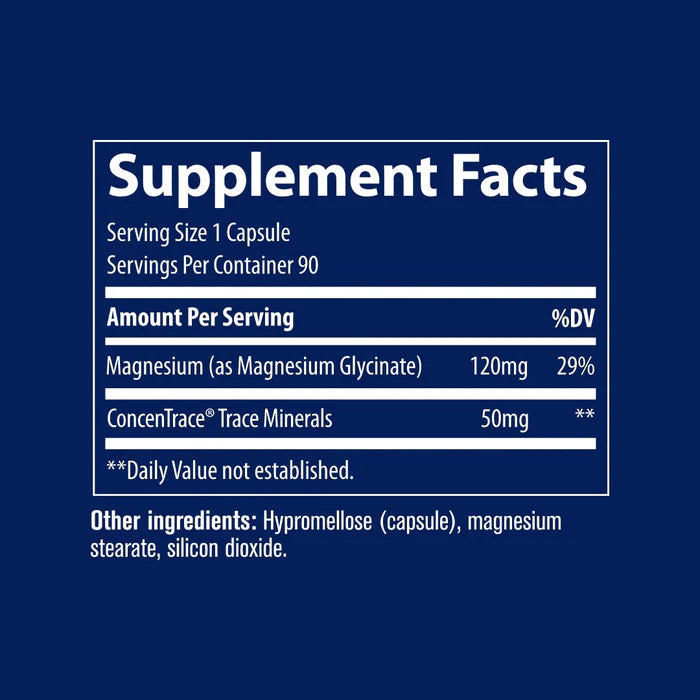 Supplement Facts Image: Trace Minerals Magnesium Glycinate 120mg supplement facts ingredients bottle 90 count