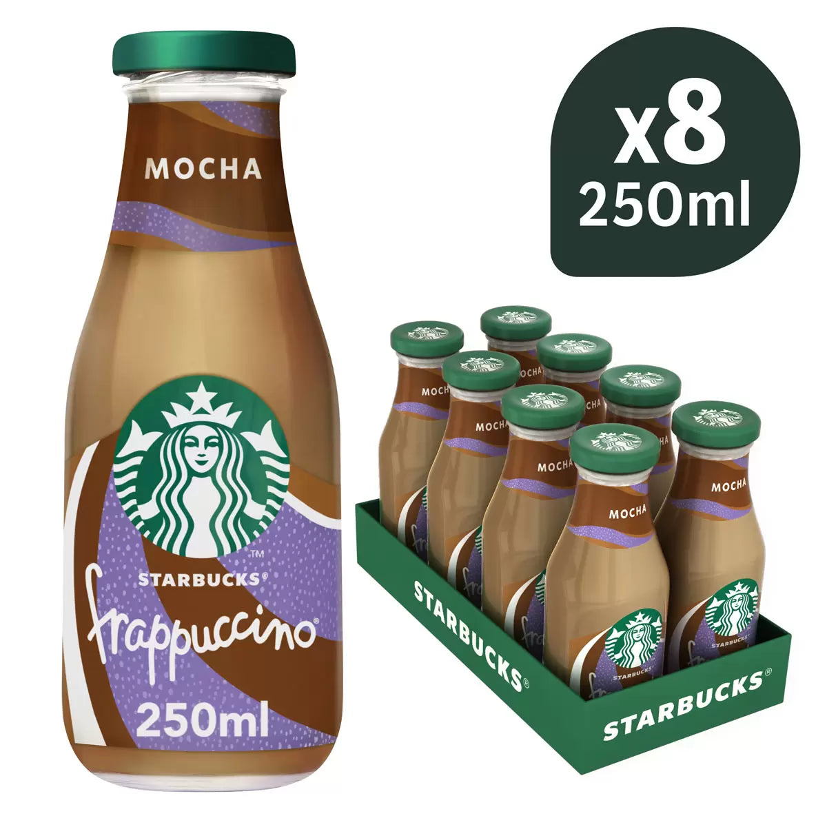 Starbucks Frappuccino Mocha Iced Coffee Drink, glass bottle packaging, Mocha flavour, 8 x 250ml