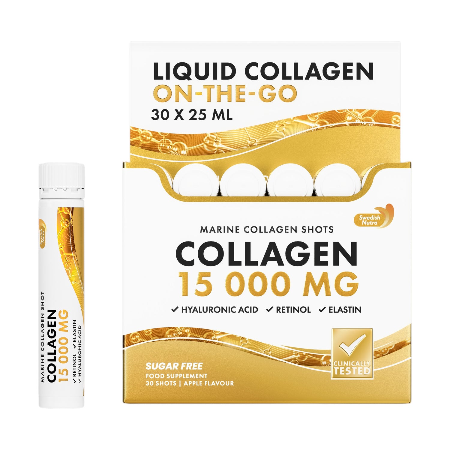 Box of liquid collagen supplement with a single shot on a white background