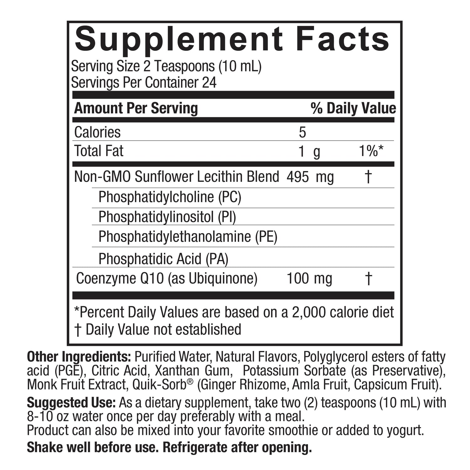 Nature’s Answer liquid CoQ10 ingredient label 240ml back view on a white background