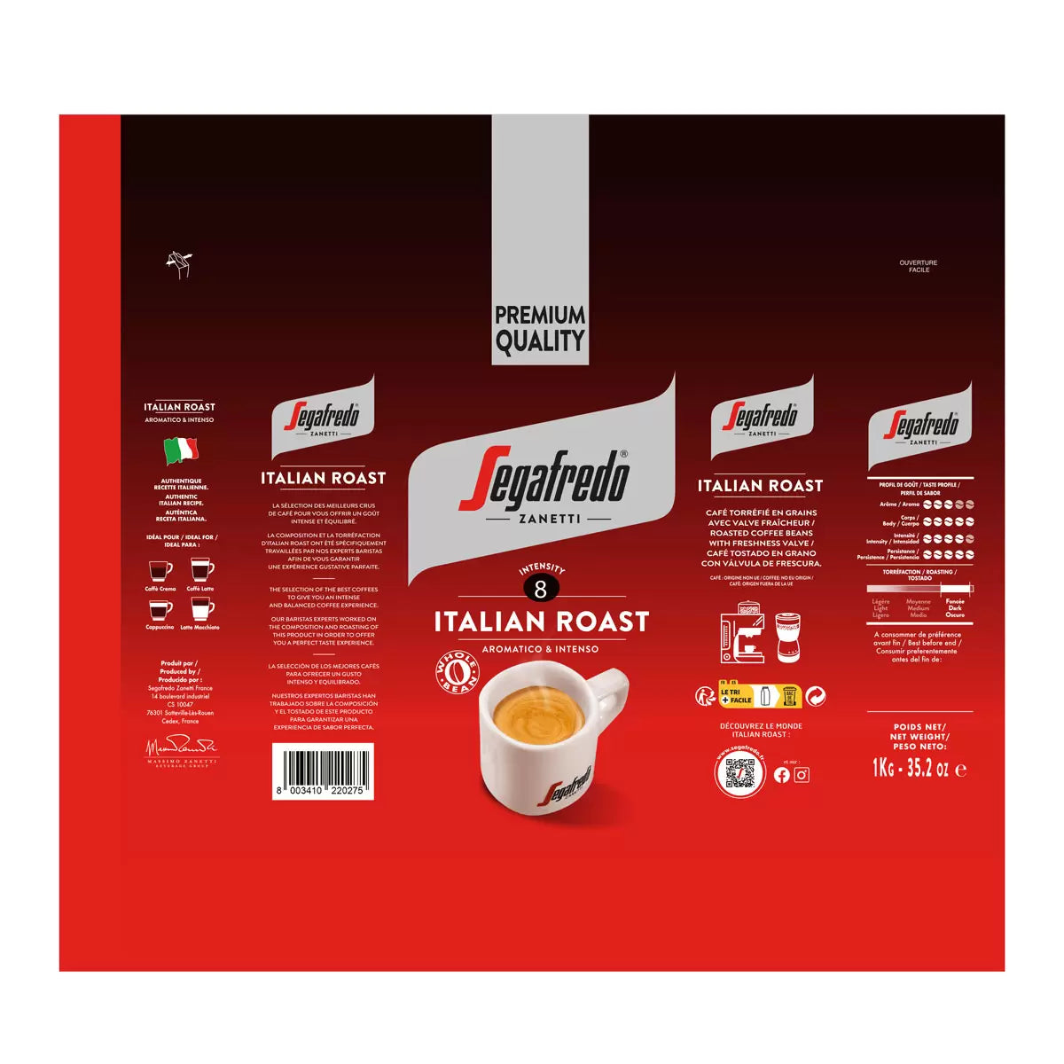 Segafredo Zanetti Italian roast whole coffee beans ingredients & barcode label bag 1kg