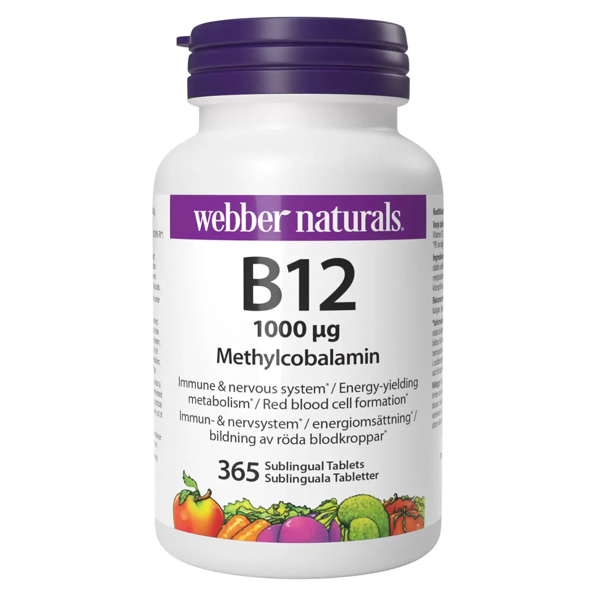 Webber Naturals Vitamin B12 Methylcobalamin 1000 mcg bottle, 365 sublingual tablets, on white background.