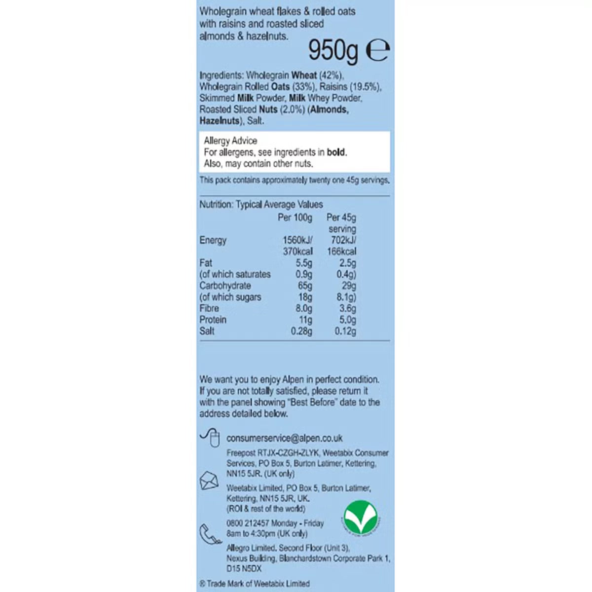Alpen No Added Sugar Muesli Recipe 950g cereal pack ingredients and nutrition information