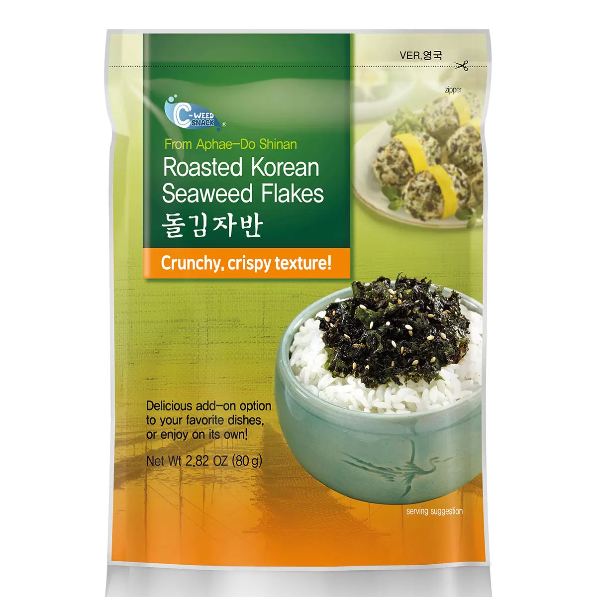 Front image: C-Weed roasted Korean seaweed flakes snack pouch 80g