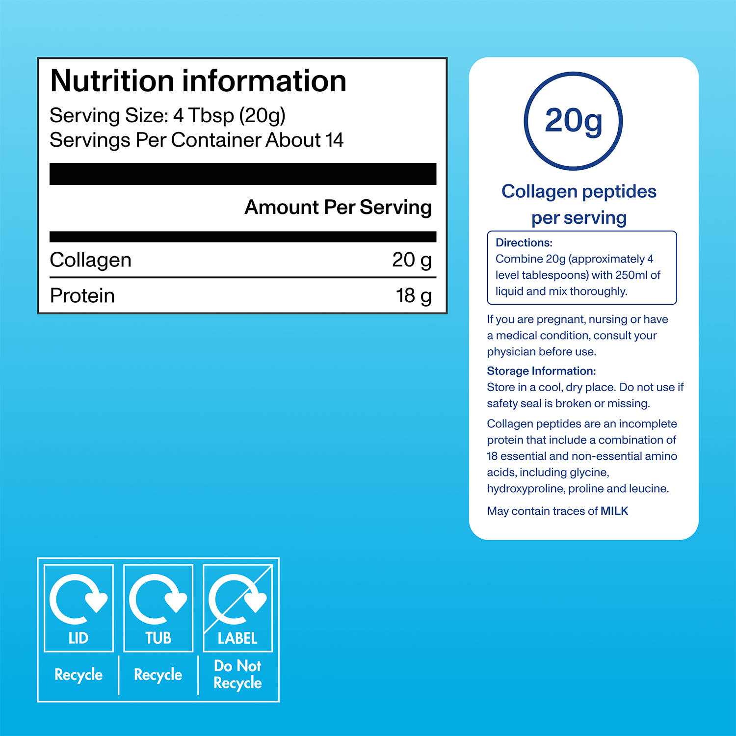 Supplement facts & ingredients image: Vital Proteins Collagen Peptides powder unflavoured tub 650g ingredients label