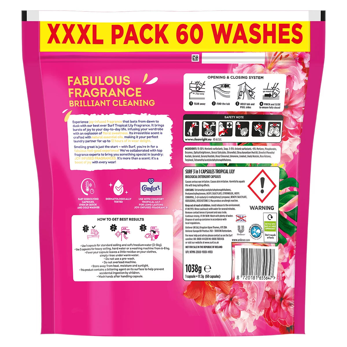 Surf Tropical Lily 3 in 1 Laundry Capsules barcode packaging 60 washes