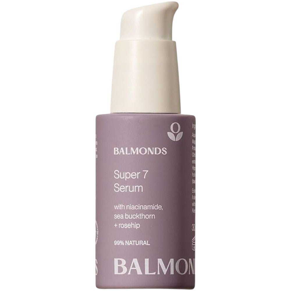 Front image: Balmonds Super 7 Serum 30ml bottle natural facial serum packaging