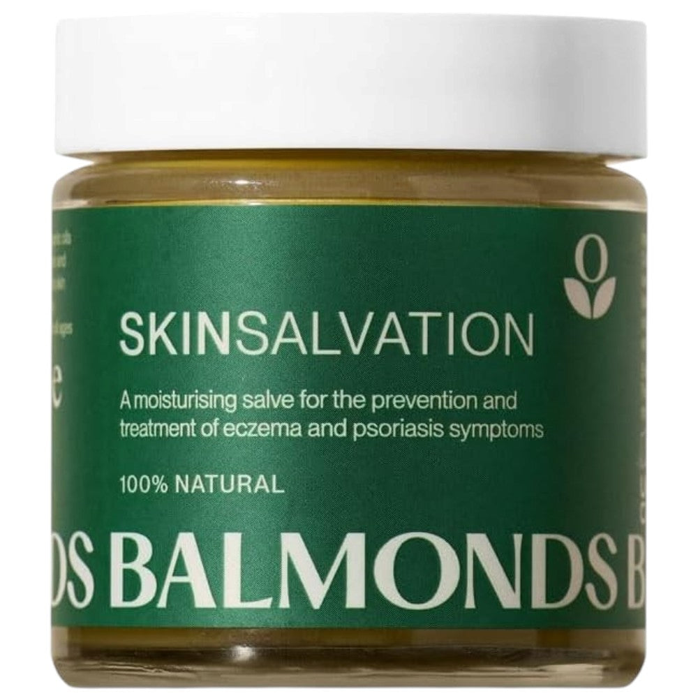 Front image: Balmonds Skin Salvation Moisturising Balm 120ml jar natural skincare balm packaging