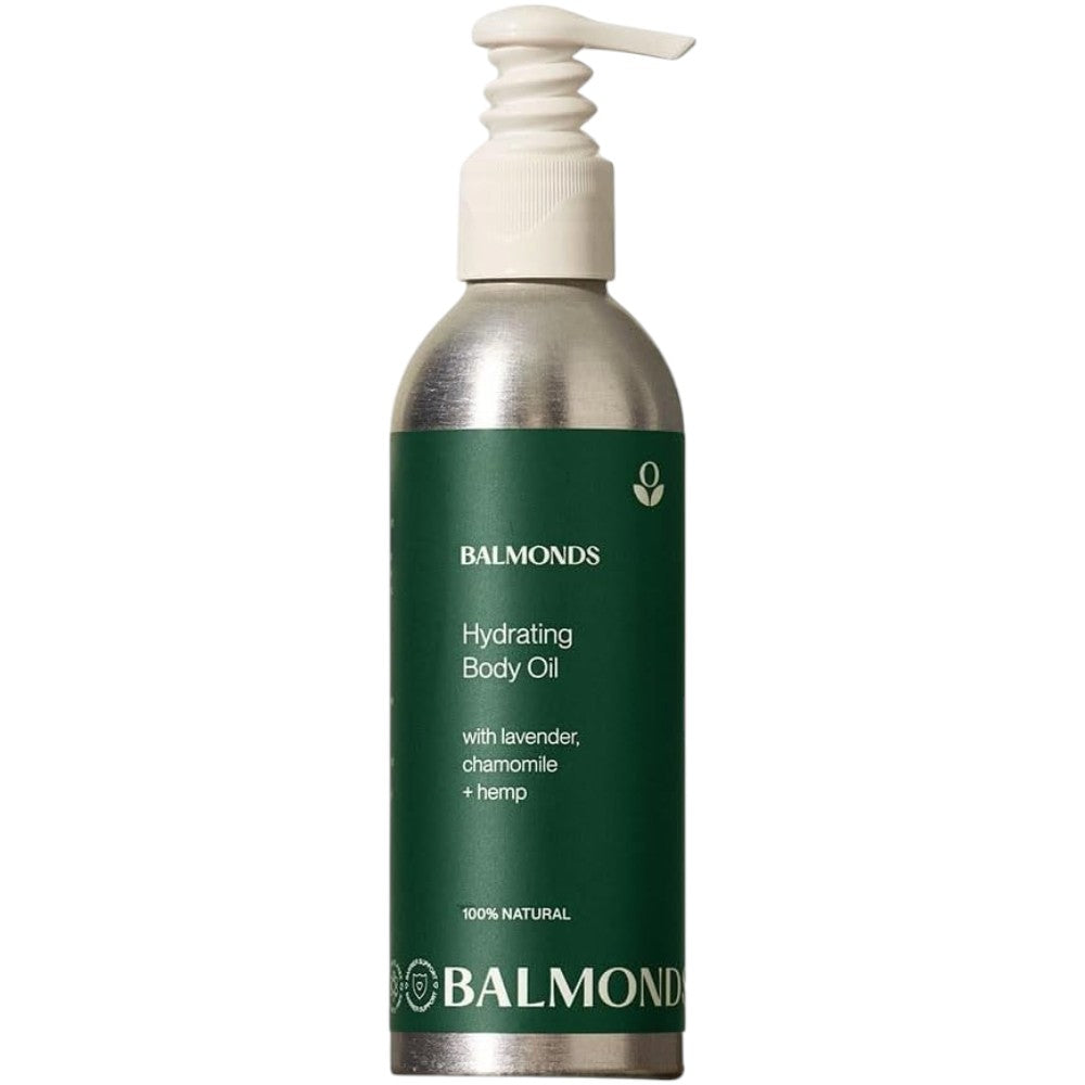Front image: Balmonds Hydrating Body Oil 200ml bottle natural skincare oil packaging