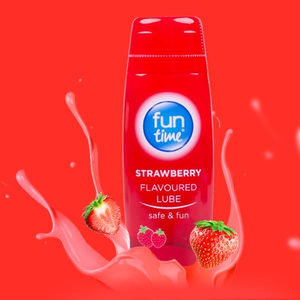 Fun Time Strawberry Flavoured Lubricant 75ml pump bottle on a bedside table