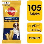 Pedigree Dentastix Medium Dogs 105 Sticks packaging showing product features and feeding information
