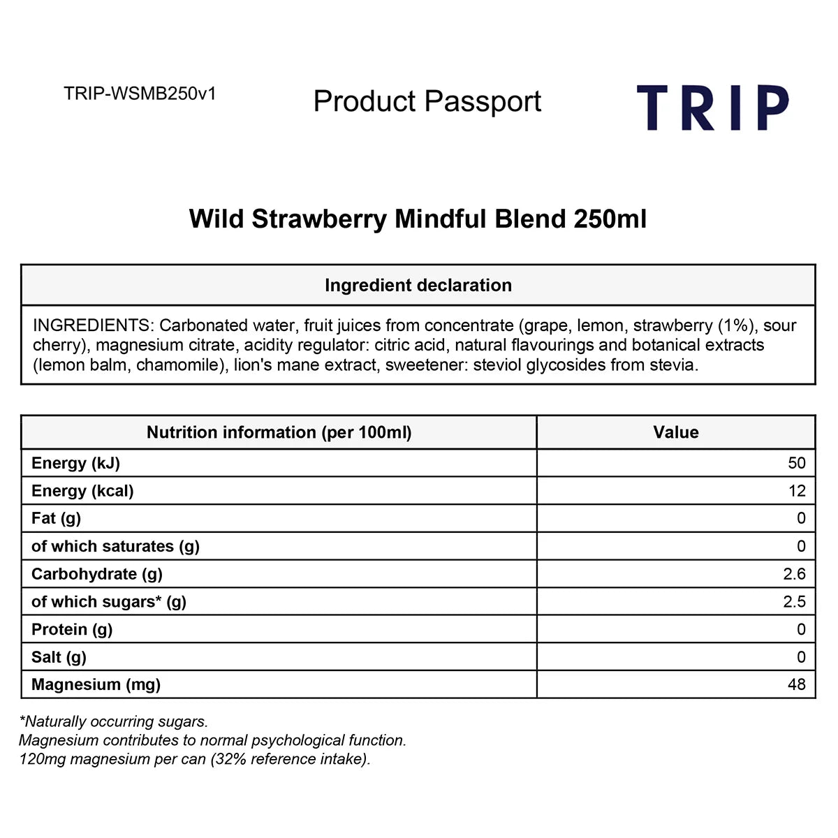 TRIP Mindful Blend Magnesium Wild Strawberry ingredients information 250ml
