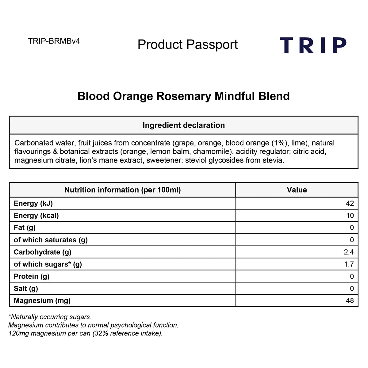 TRIP Mindful Blends Summer Mixed Pack 12 x 250ml cans Blood Orange Rosemary ingredients and nutrition information