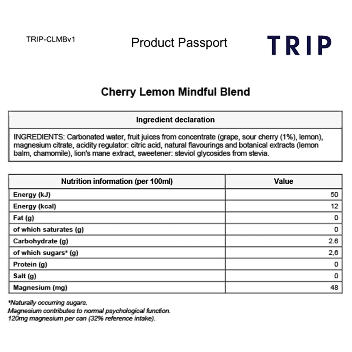 TRIP Mindful Blend Magnesium Cherry Lemon ingredients information 250ml