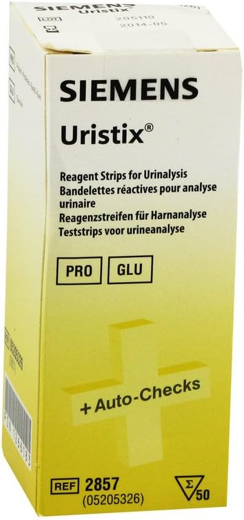 Sealed bottle of Siemens Uristix PRO GLU + AUTO-Checks Reagent Strips box, 50 count. Side view.