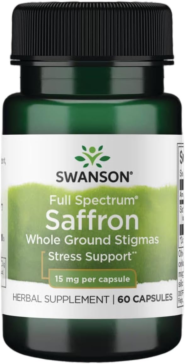 Swanson Full Spectrum Saffron Supplement bottle, 60 capsules, 15mg.