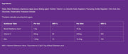 Nutritional information and ingredient list on a purple background