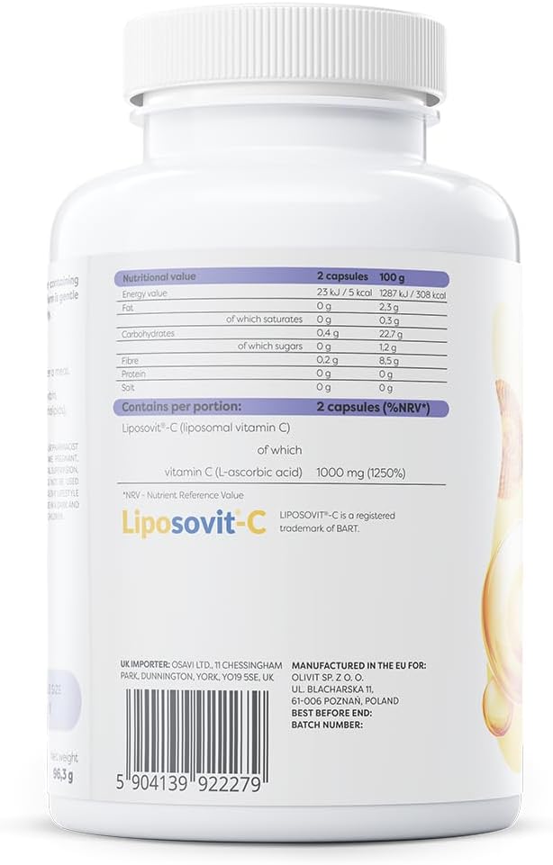 Supplement facts panel and barcode  for Osavi Liposomal Vitamin C showing Liposovit®-C.