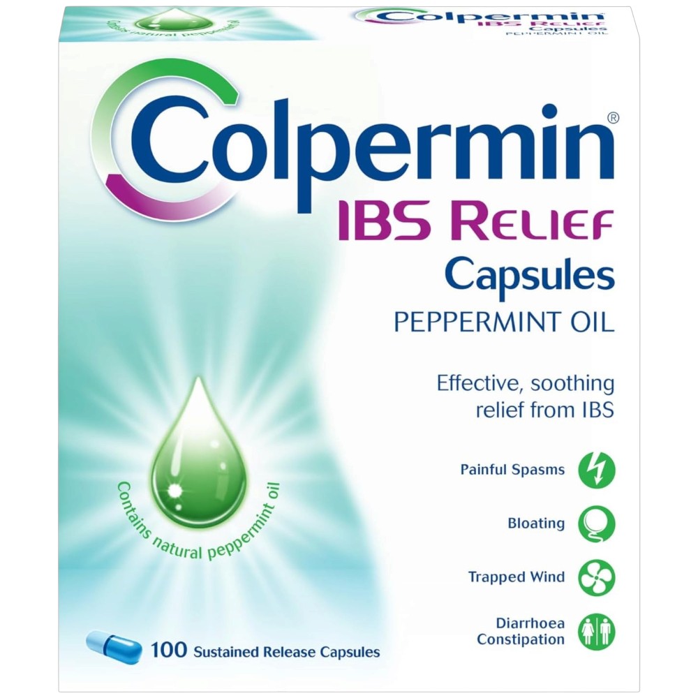 Colpermin IBS Relief peppermint oil sustained release capsules 0.2ml 100 count front packaging
