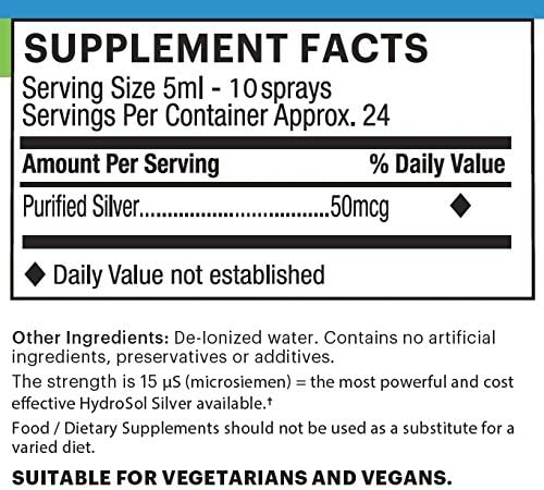 Supplement facts & ingredients image: Good Health Naturally Hydrosol Silver supplement facts purified silver deionised water 113ml