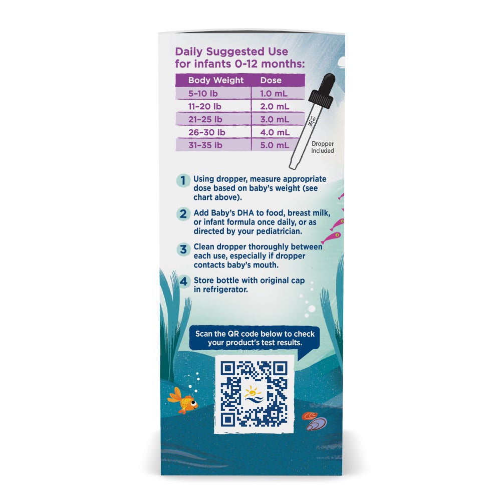Supplement facts and usage instructions for Nordic Naturals Baby's DHA.
