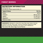 Optimum Nutrition Electrolyte Powder Forest Berries supplement facts and ingredients label 264g tub
