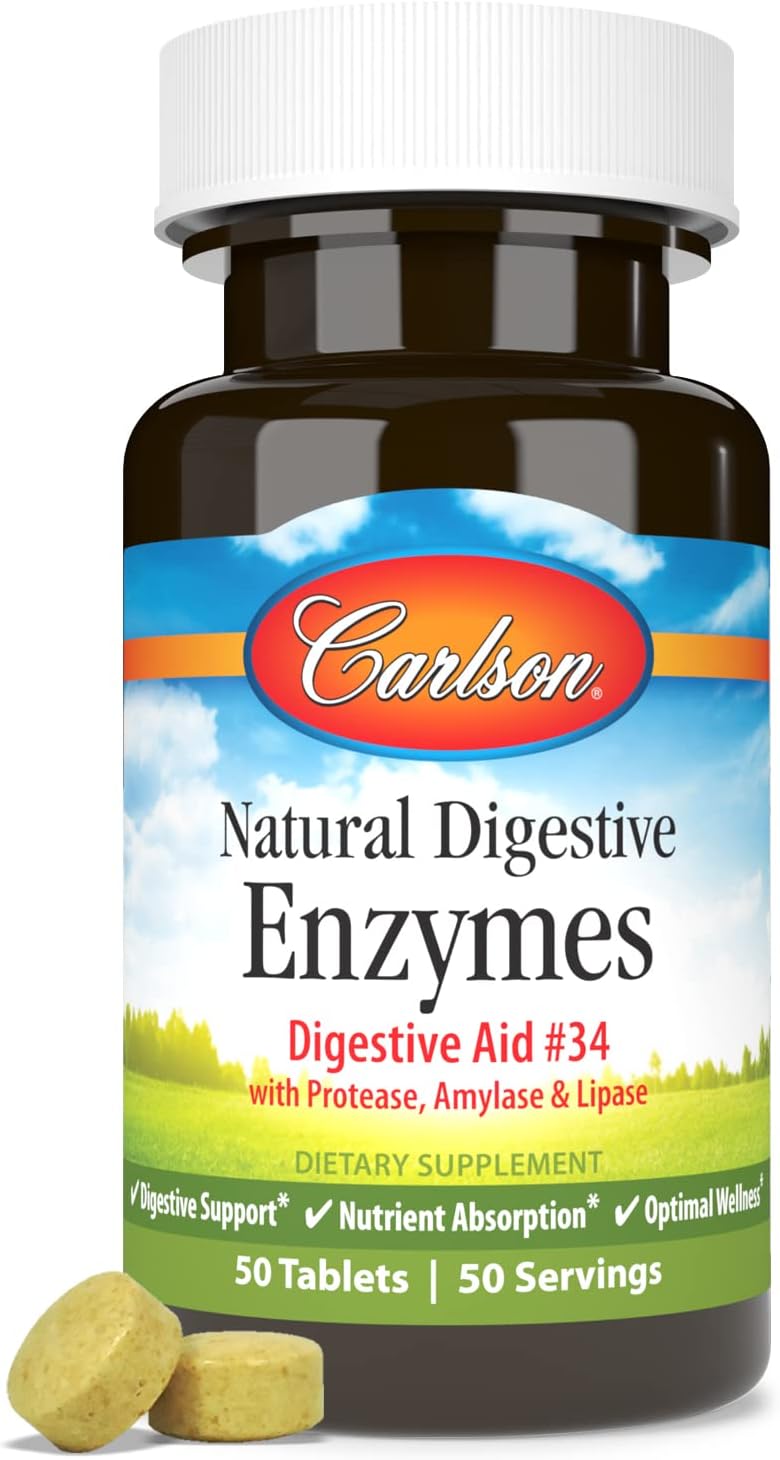 Front image: Carlson Digestive Enzymes tablets protease amylase lipase supplement bottle 50 count