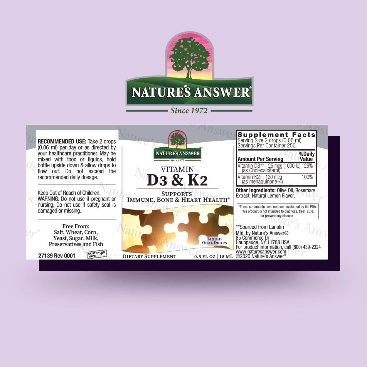 Nature's Answer Vitamin D3 and K2 Liquid Drops Lemon 15ml barcode packaging