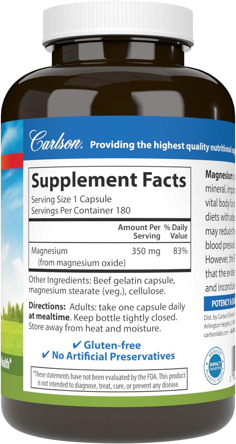 Supplement facts & ingredients image: Carlson Magnesium 350 mg supplement facts capsules bottle 180 count