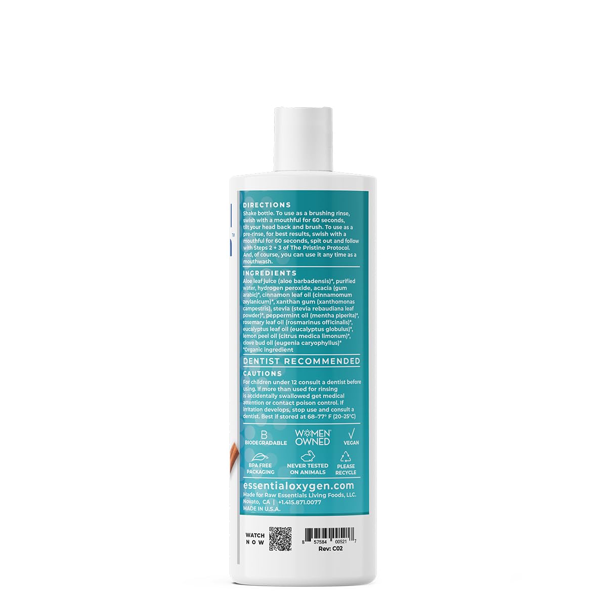 Essential Oxygen Cinnamint Mouthwash showing ingredients and directions.