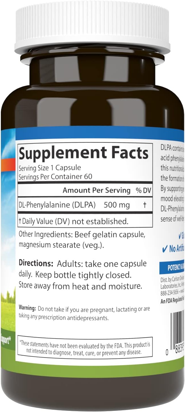 Supplement facts & ingredients image: Carlson DL phenylalanine 500 mg supplement facts capsules 60 count