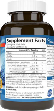 Supplement facts & ingredients image: Carlson Maximum Omega 2000 omega 3 EPA DHA supplement facts 60 softgels