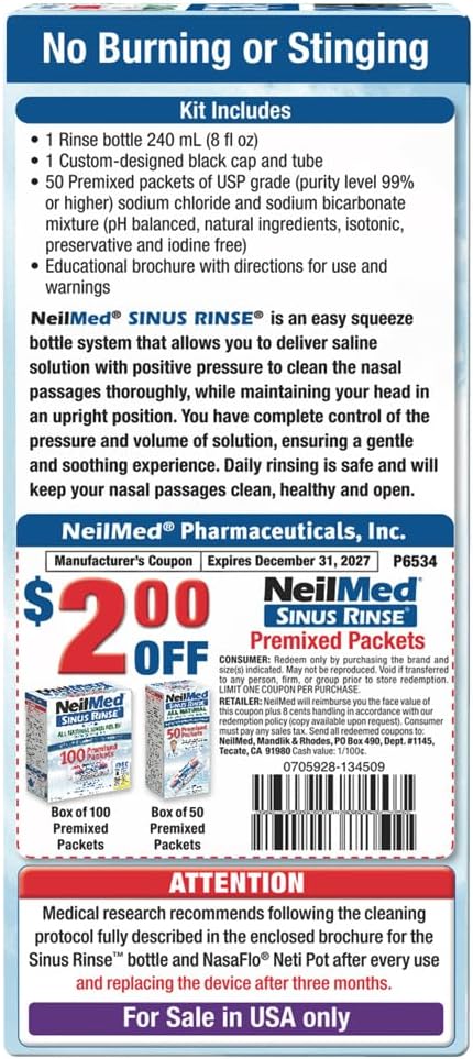 Instructions and contents of the NeilMed Sinus Rinse Kit.