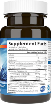 Supplement facts & ingredients image: Carlson Cod Liver Oil Minis omega 3 vitamins A D3 supplement facts softgels 100 count