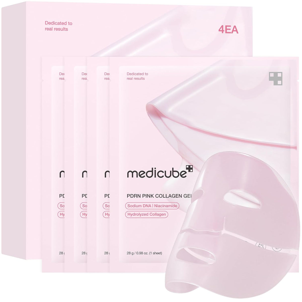 Medicube PDRN Pink Collagen Gel Mask, individual sachet packaging, fragrance not specified, 4 masks x 28g