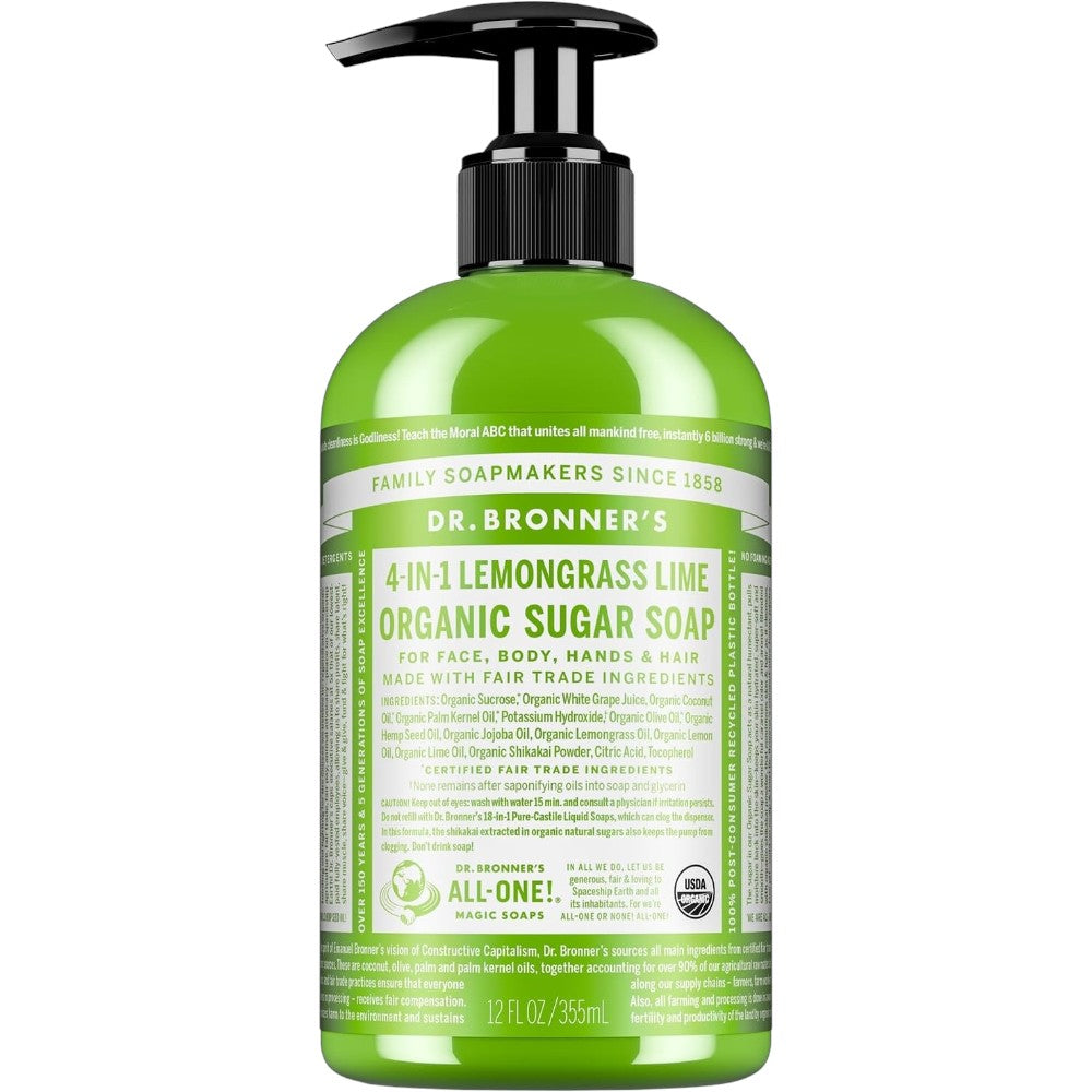 Dr. Bronner's Lemongrass Lime 4-in-1 Organic Sugar Pump Soap 355ml pump bottle